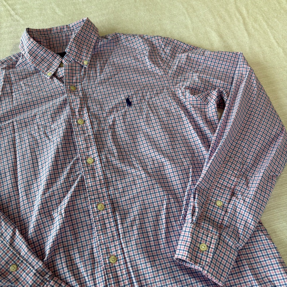 Ralph Lauren Mens Medium Gingham Check Button Down Shirt Pink Navy Blue Cotton
